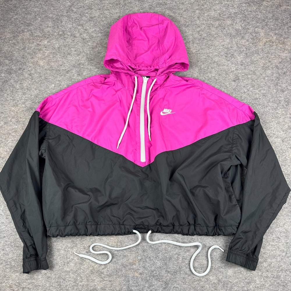 Nike‎ Heritage Windrunner Jacket Cropped Hooded Polyester Pink Black Womens XL